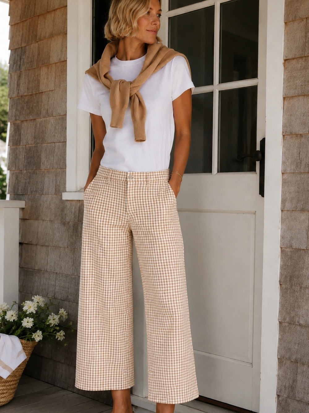 Madewell Beige Gingham Wide-Leg Pants